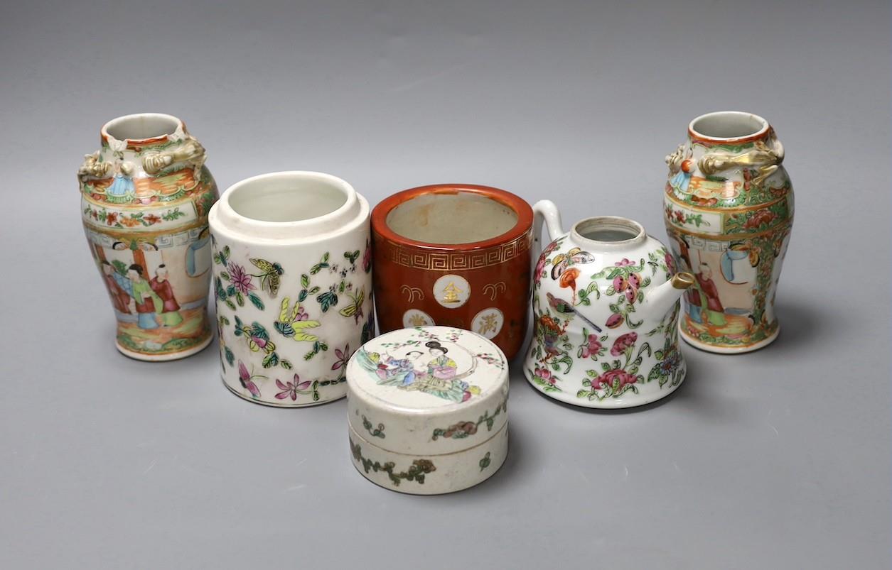 A group of Chinese famille rose vases and jars, a box and cover and a teapot, 19th/20th century,Pair - Image 2 of 8