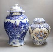 A large Chinese blue and white jar and cover and a blue and white jar and cover, 19th-century and