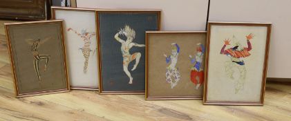 Five watercolour studies of exotic dancers, initialled AR, largest 34 x 22cm