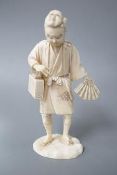 A Japanese carved ivory figure, Meiji period, of an actor, having a noh mask on the crown of his