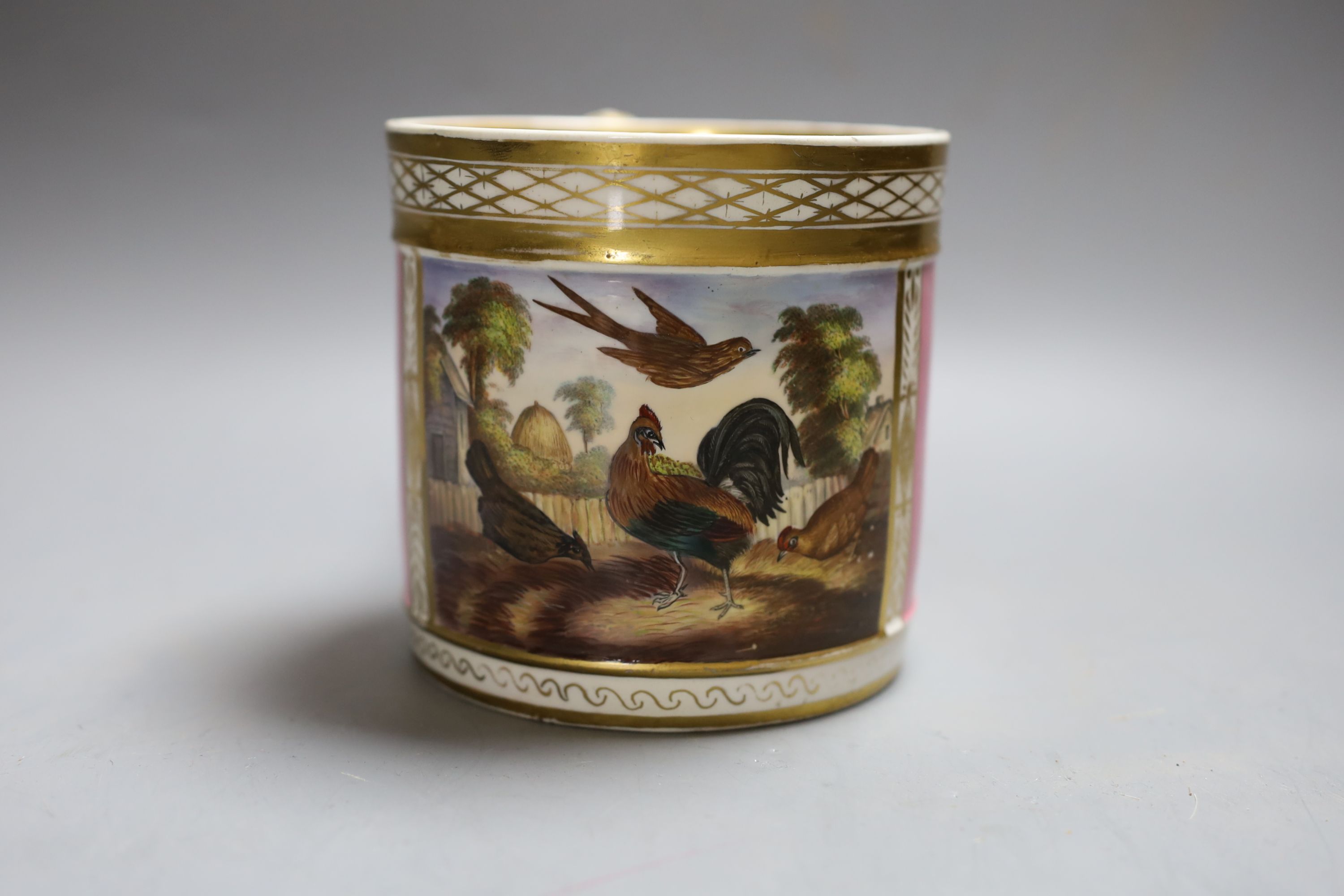 A Derby porter mug of large size painted with birds in a garden scene within a gilt panel on a - Image 3 of 10