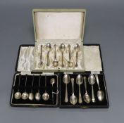 Two cased sets of six silver coffee spoons and a similar Danish sterling set.