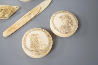 A pair of 19th century ivory balm pots, 3.75cm., a smallDieppe triptych figure, 6.5cm. a Meiji tiger - Image 2 of 5