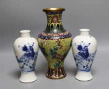 A pair of Chinese blue and white vases and a cloisonné enamel vase 24cm