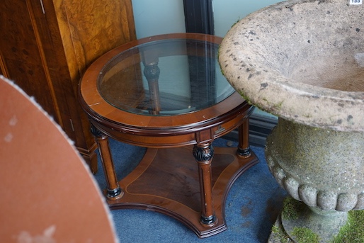 A pair of Empire style circular mahogany glass top occasional tables, larger diameter 60cm, height - Image 3 of 3
