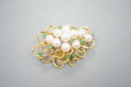 A modern 14k yellow metal, cultured pearl and emerald cluster set brooch, 54mm, gross weight 18.9