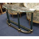 An Empire style brass mounted glass top D shaped console table, length 130cm, depth 31cm, height