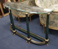 An Empire style brass mounted glass top D shaped console table, length 130cm, depth 31cm, height