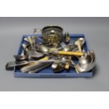 Mixed plated items including chamberstick, pair of fish servers, plated soup ladle and other