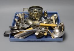 Mixed plated items including chamberstick, pair of fish servers, plated soup ladle and other