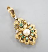 A continental, yellow metal, diamond, emerald, turquoise and cultured pearl set pendant, overall