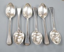 A set of six William IV provincial silver Old English pattern dessert spoons, Whitwell, Barber &