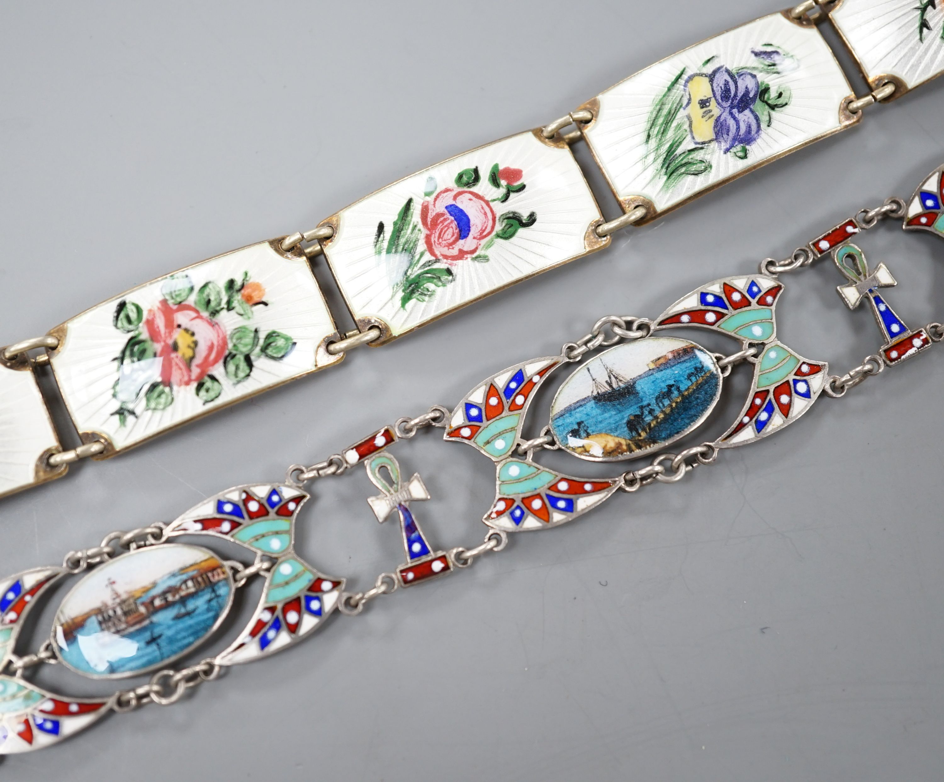 A Norwegian sterling and enamel floral bracelet, 16cm and one other 800 white metal and enamel