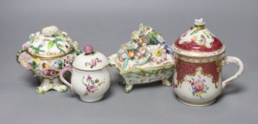 An 18th century Mennecy porcelain cup and cover, a Meissen style cup and cover, an English porcelain