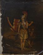 19th century English School, oil on canvas laid on board, Britannia standing with a lion, 60 x 47cm,