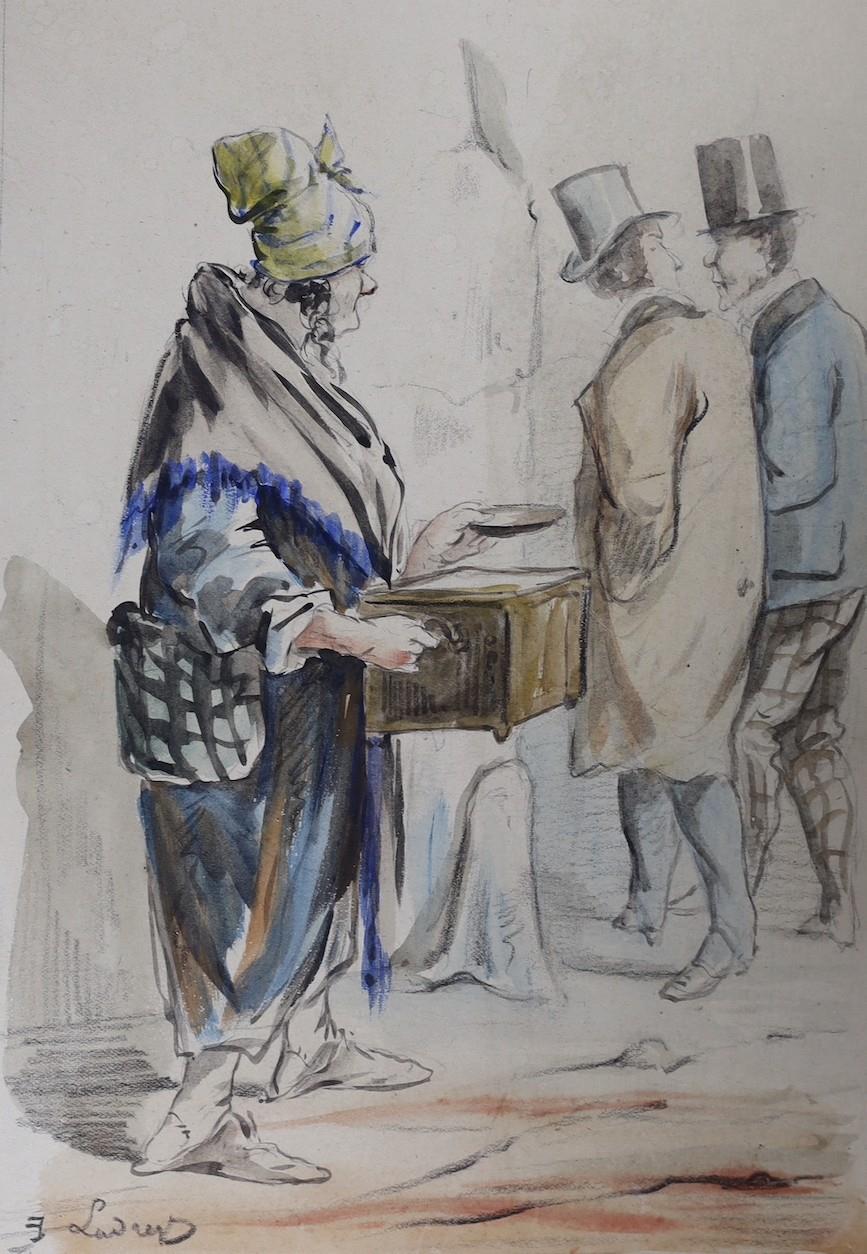 French School, pencil and watercolour, Street vendor and passing gentleman, signed, 23 x 16cm - Image 2 of 4