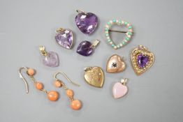 Nine assorted gem set heart shaoed pendants including amethyst and seed pearl, 21mm and turquoise