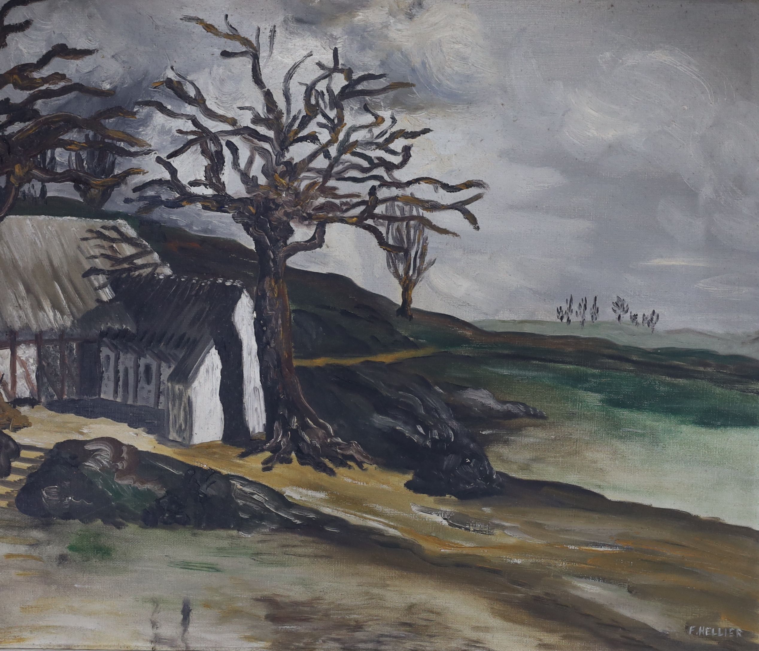 F. Hellier, oil on canvas, Barn in a landscape, signed, 45 x 54cm