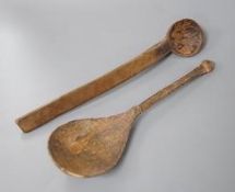 Two early treen spoons 20cm