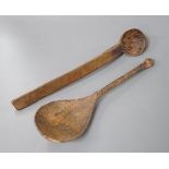 Two early treen spoons 20cm