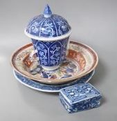Two Chinese porcelain plates, a cup and cover and a small box, 18th/19th century 16.5cm