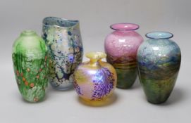 A group of five Studio glass vases - Norman Stuart Clarke, Siddy Langley, two Jonathan Harris and