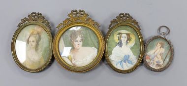A group of four brass framed portrait miniatures on ivory, late 19th century
