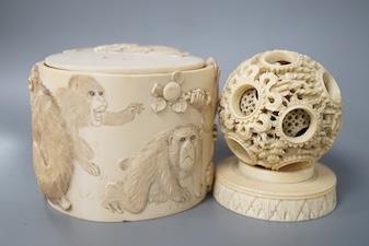 A late 19th century Chinese carved ivory concentric ball comprising seven reticulated spheres,