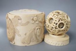 A late 19th century Chinese carved ivory concentric ball comprising seven reticulated spheres,