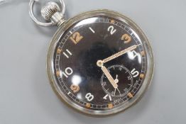 A military issue chrome cased keyless pocket watch, with black Arabic dial and subsidiary seconds,