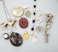 Mixed jewellery including enamelled white metal bracelet, garnet paste set brooch, pair of gilt