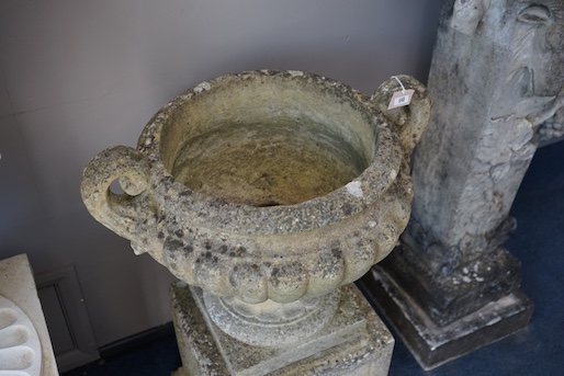 A pair of reconstituted stone campana garden urns on stands, diameter 60cm, height 82cm - Image 2 of 2