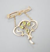 An Edwardian Art Nouveau, 9ct white enamel and baroque pearl set drop brooch, maker L & Co, 42mm,