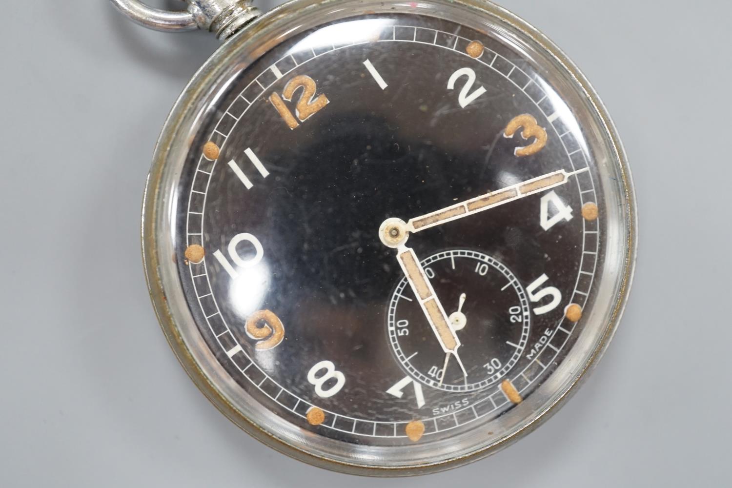A military issue chrome cased keyless pocket watch, with black Arabic dial and subsidiary seconds, - Image 2 of 3