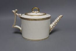 A Derby puce mark teapot and cover, late 18th century, with wavy parallel moulding with ornate