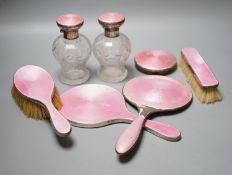 A George silver and enamel mounted glass part dressing table set, by Henry Clifford Davis and a