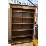 An Edwardian design bird's eye maple open bookcase, length 127cm, depth 32cm, height 193cm