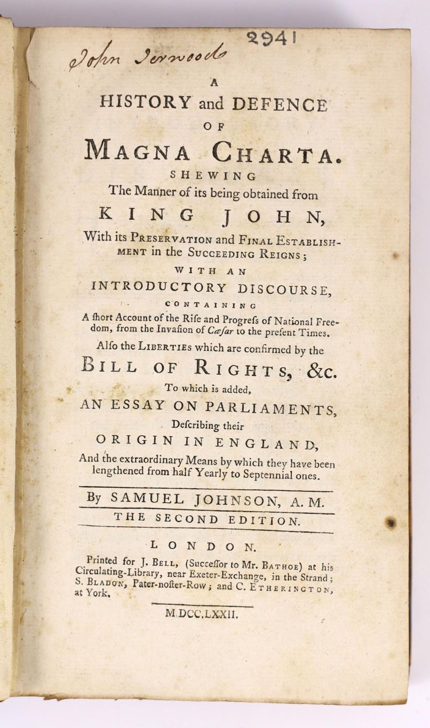 ° ° Johnson, Samuel - A History and Defence of Magna Carta, 2nd edition, 8vo, calf, London, 1772; - Image 3 of 4