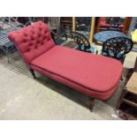 A Victorian mahogany drop arm daybed upholstered in buttoned red fabric, length 160cm, depth 70cm,