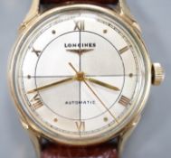 A gentleman's 10k gold filled Longines automatic wrist watch, the 'quartered' dial with Roman and