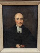 19th century Continental School, oil on canvas, portrait of a preacher holding a bible, 24 x 19cm