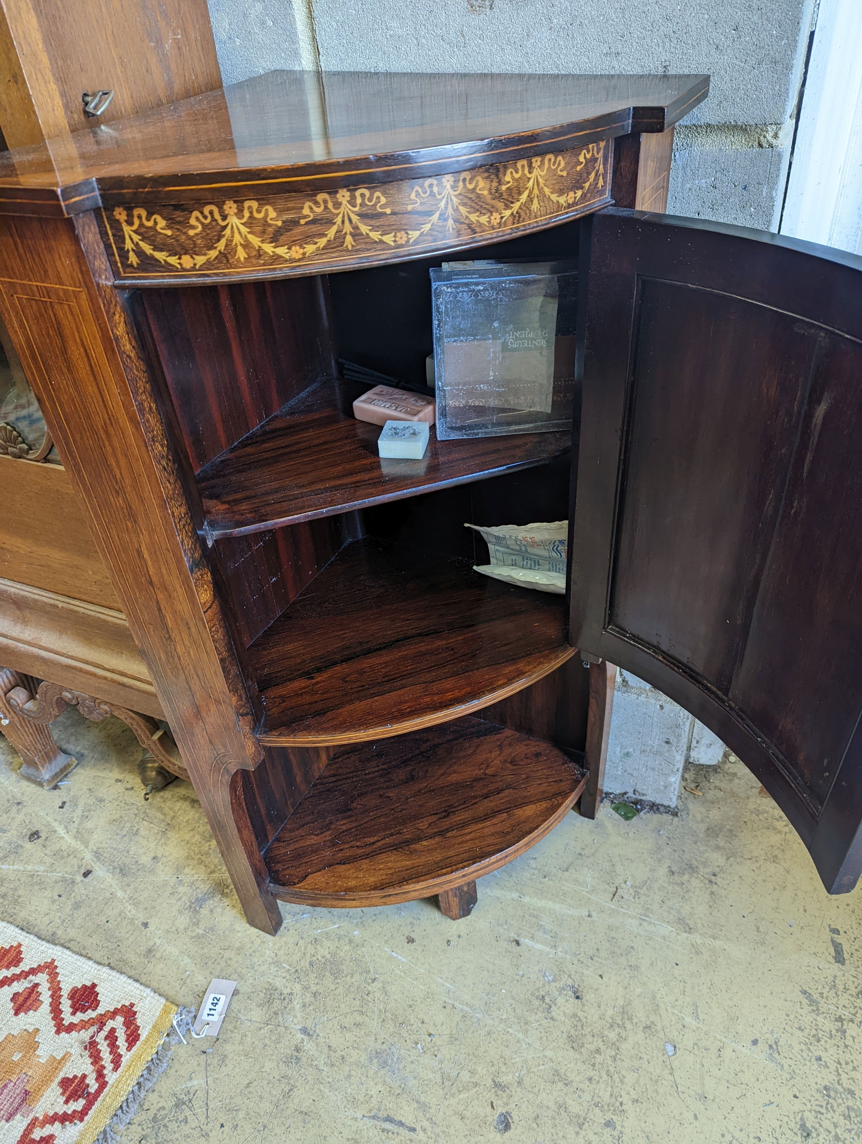 An Edwardian marquetry inlaid rosewood bowfront corner cupboard, width 61cm, depth 43cm, height - Image 3 of 3