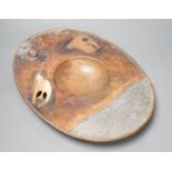 Sam Fanaroff oval copper and pewter abstract dish, with hard stone boss, 42cm