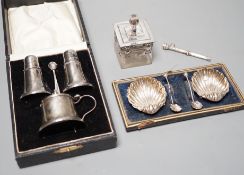 An Austro-Hungarian and enamel mounted glass pot and cover, a cased pair of silver shell salts, a