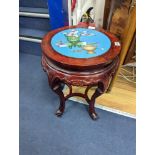 A Chinese hardwood and cloisonne enamel inset jardiniere stand, diameter 40cm, height 52cm