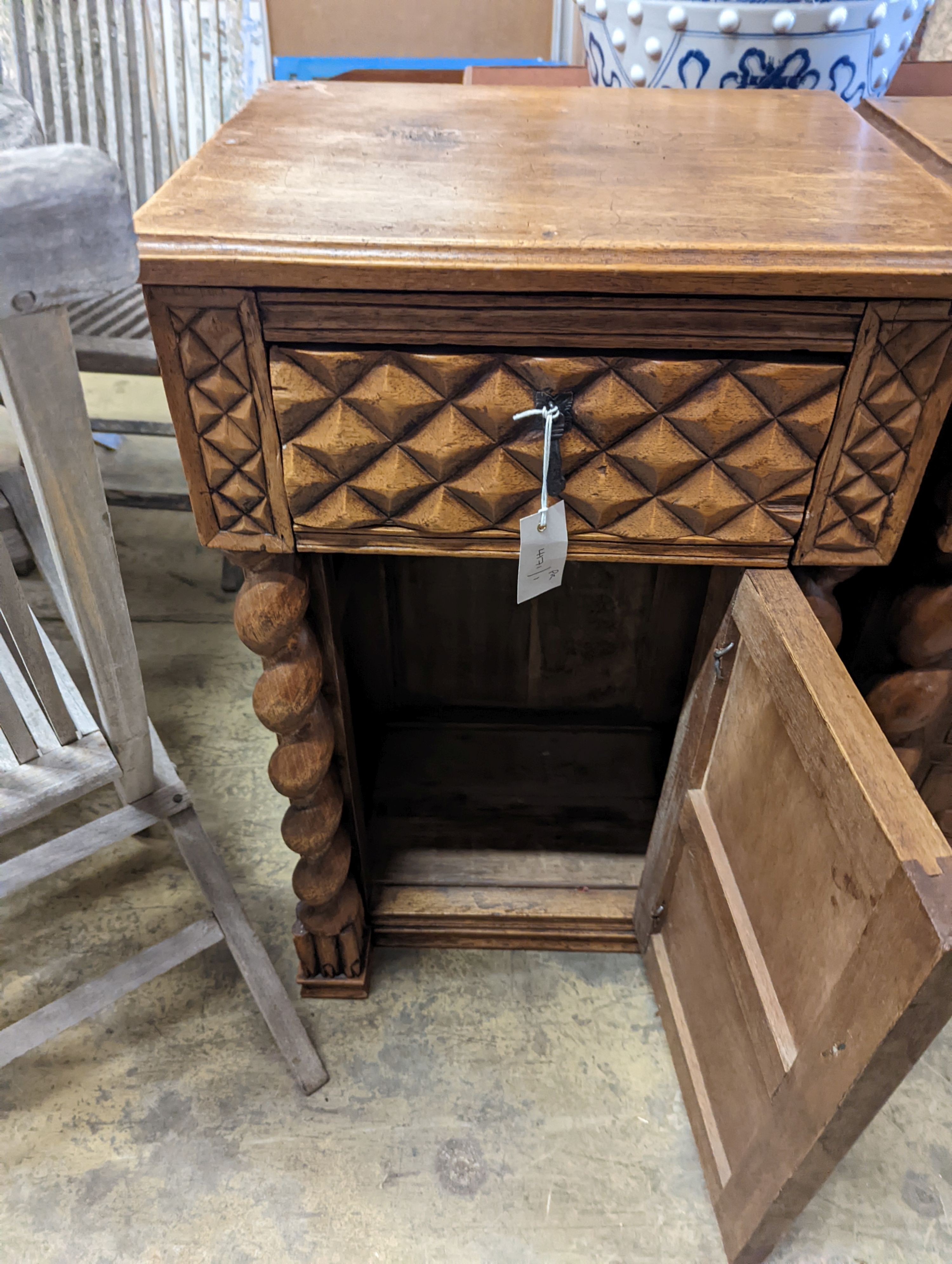 A pair of Spanish style carved walnut bedside cabinets, width 48cm, depth 38cm, height 79cm - Image 3 of 4