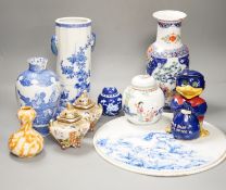 A group of 20th century Chinese and Japanese ceramics, including a blue and white circular plaque,