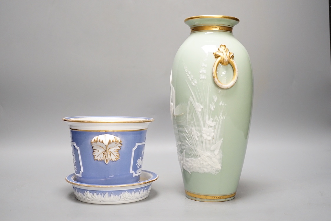 A Royal Worcester pate sur pate 'heron' vase and an early 19th century plant pot and under dish. - Image 3 of 6