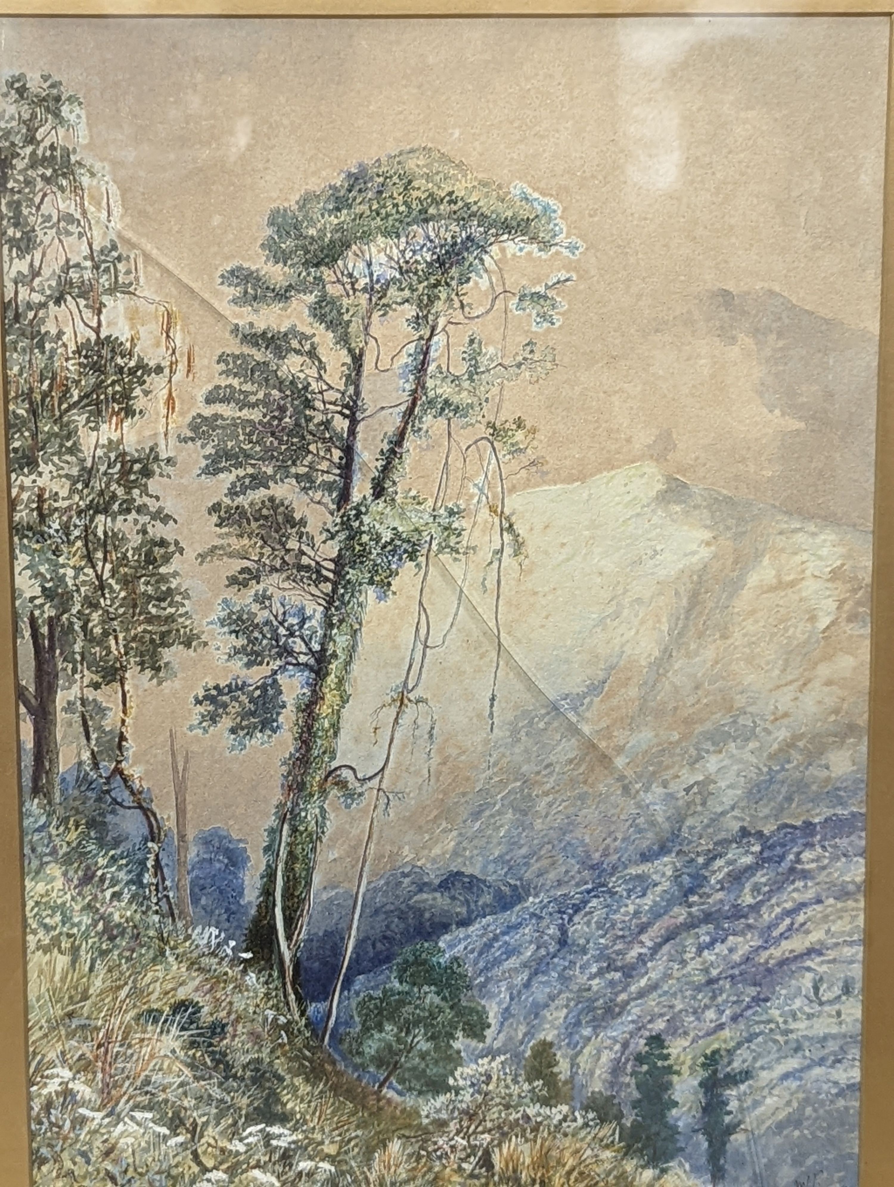 Late 19th century Indian School, watercolour depicting mountainous landscape, initialled MJP and