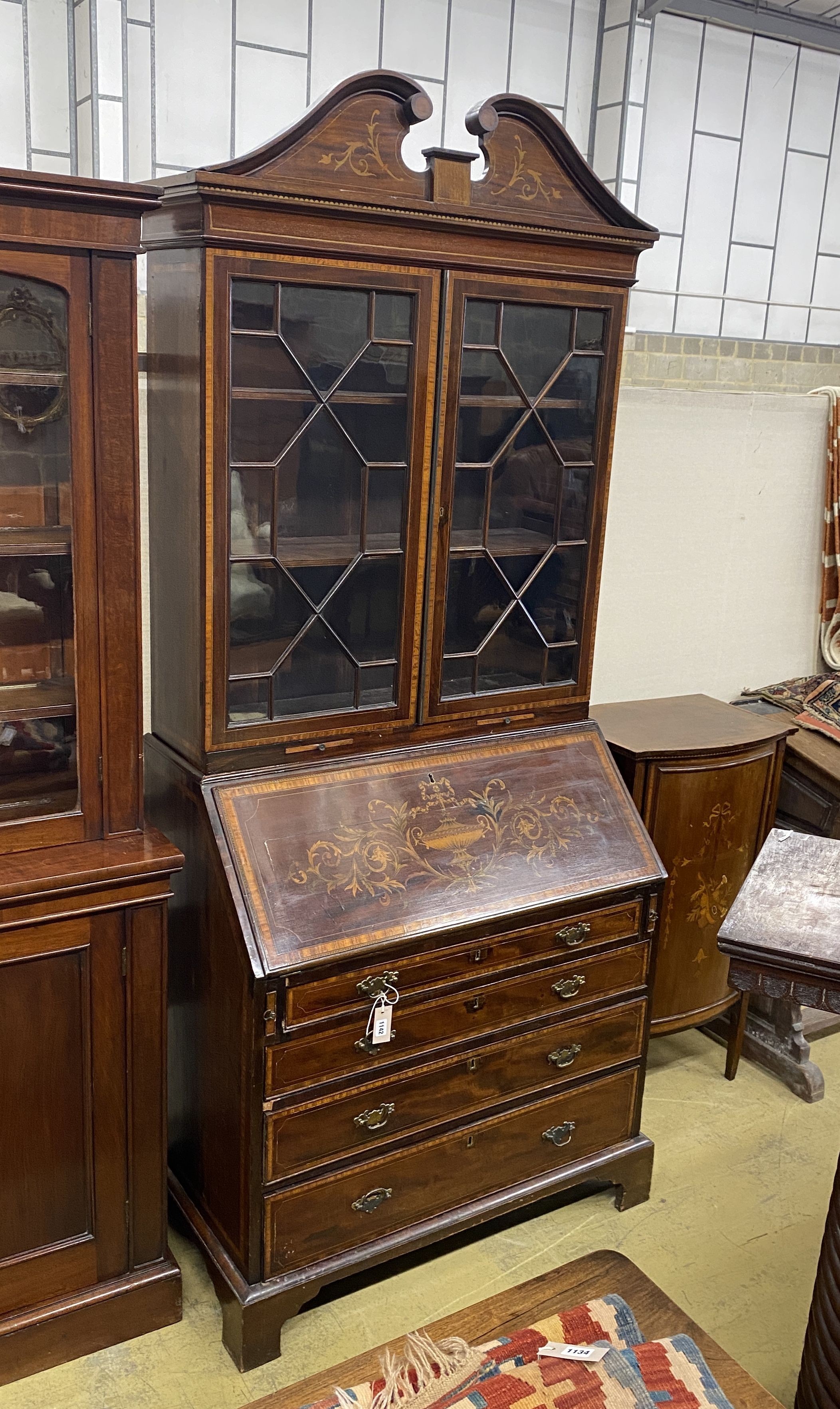 An Edwardian satinwood banded marquetry inlaid mahogany bureau bookcase, length 96cm, depth 55cm,